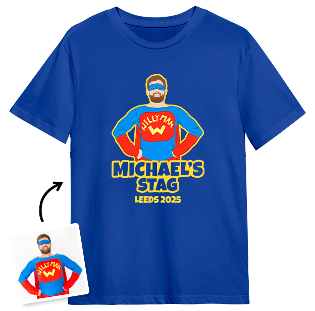 Stag Do Illustration T-shirt – Photo, Text, Location on Blue T-shirt