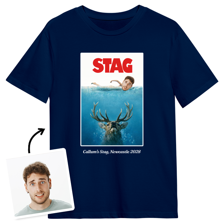 A custom stag do t-shirt inspired by the Jaws poster which reads Stag and has a man with an editable face swimming above a stag and custom text that reads Callum's Stag, Newcastle 2028