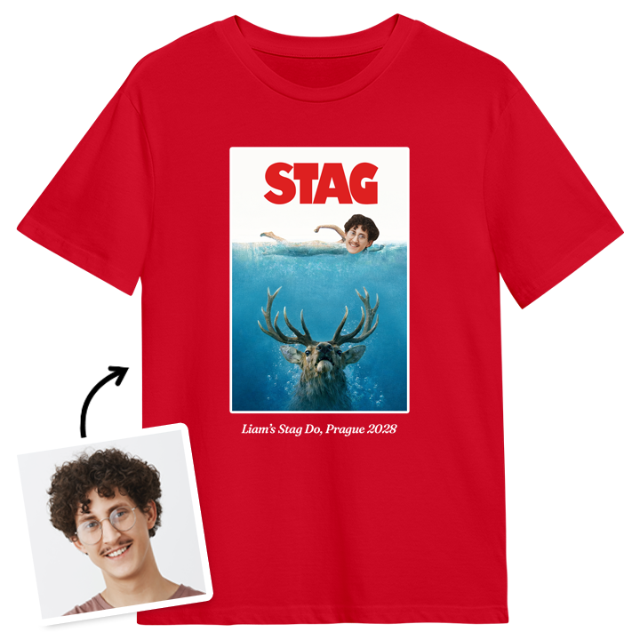 A custom stag do t-shirt inspired by the Jaws poster which reads Stag and has a man with an editable face swimming above a stag and custom text that reads Liam's Stag Do Prague 2028