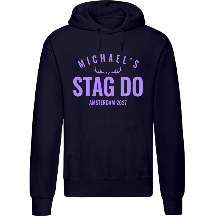 Stag Do Illustration from Photo Hoodie – Illustration, Text, Location on Blue Hoodie