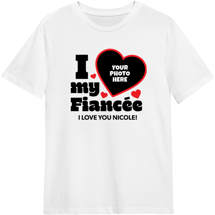 A white custom stag do t-shirt that reads I love my fiance with room for the bride's photo in a love heart and custom text reading I love you (bride's name)