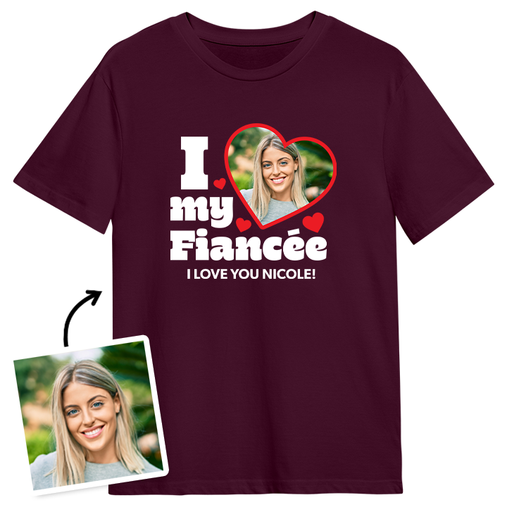A maroon custom stag do t-shirt that reads I love my fiance with room for the bride's photo in a love heart and custom text reading I love you (bride's name)