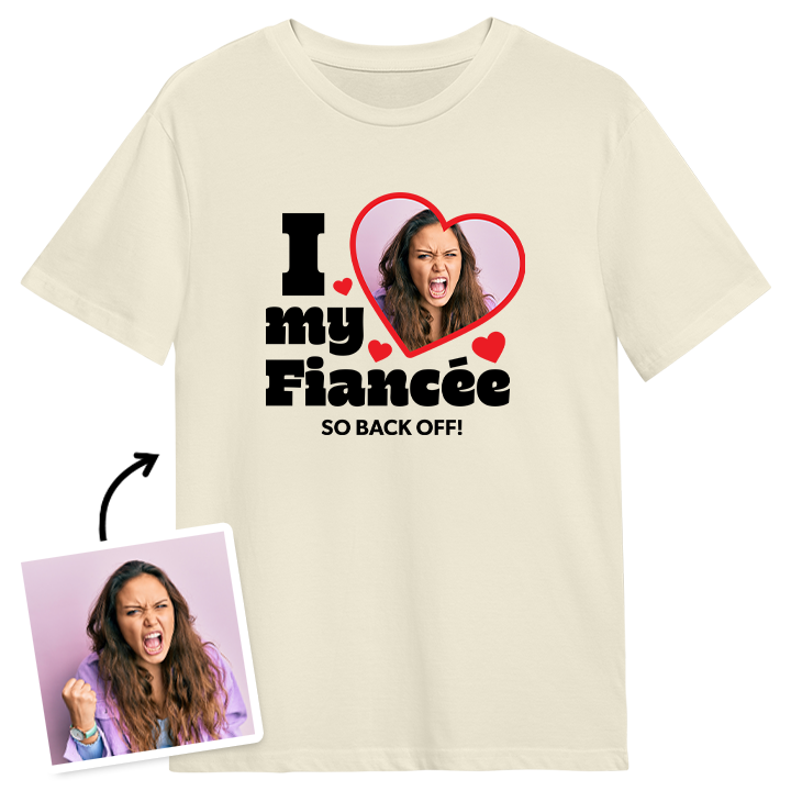 A natural coloured custom stag do t-shirt that reads I love my fiance with room for the bride's photo in a love heart and custom text reading so back off