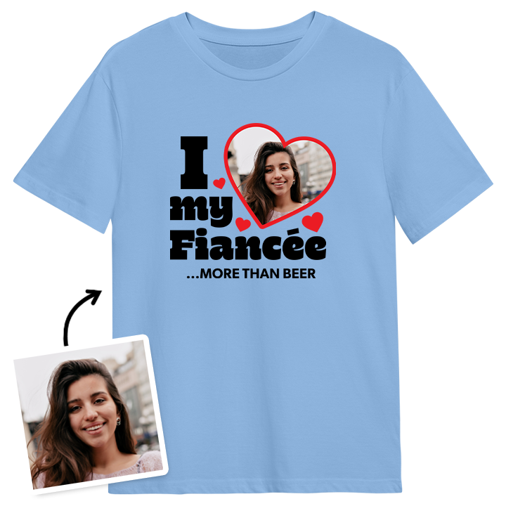 A blue coloured custom stag do t-shirt that reads I love my fiance with room for the bride's photo in a love heart and custom text reading more than beer