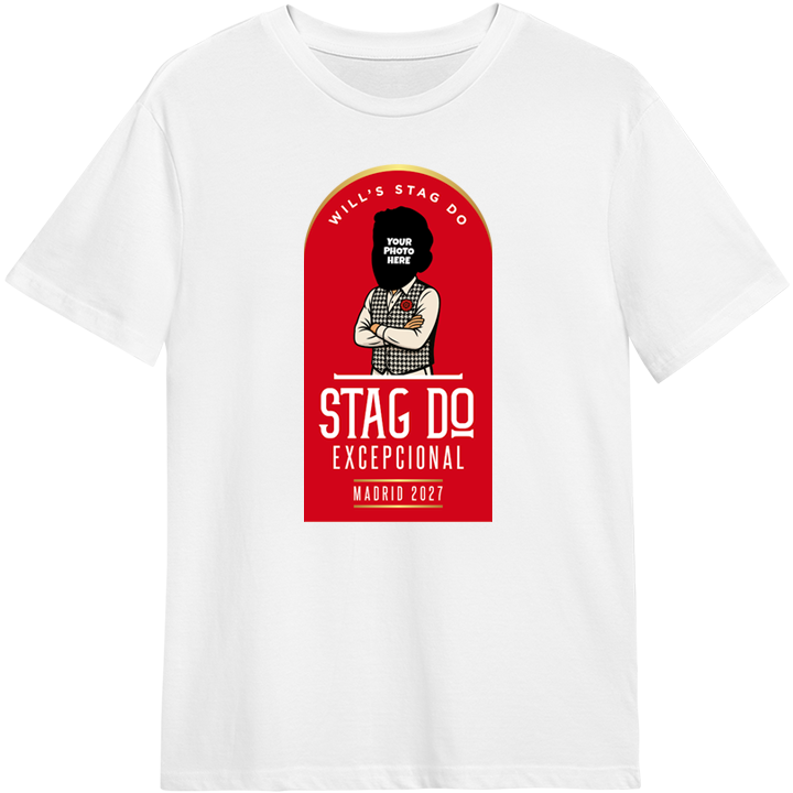 A white custom Madri beer themed t-shirt that has been customised with a picture of a man inserted into the Madrid Beer logo with custom text reading Will's Stag do 