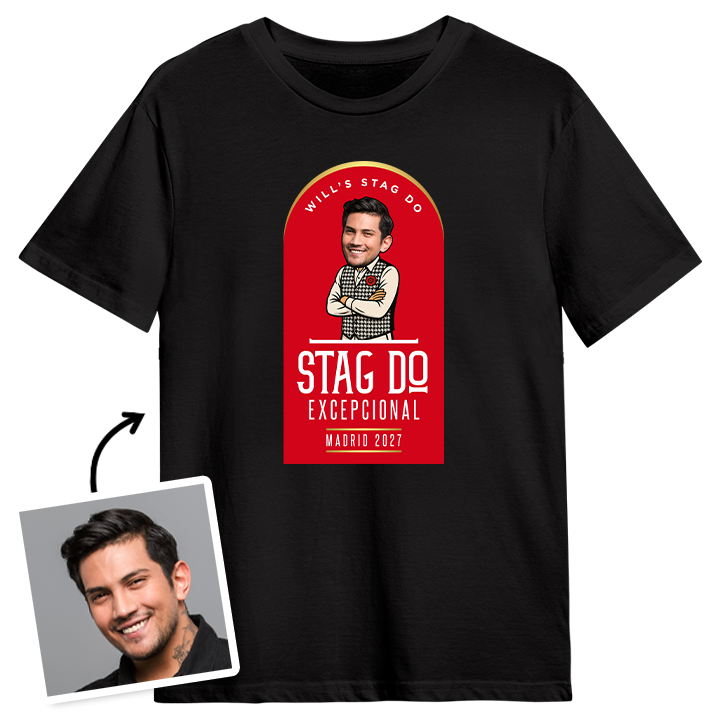 A black custom Madri beer themed t-shirt that has been customised with a picture of a man inserted into the Madrid Beer logo with custom text reading Will's Stag do
