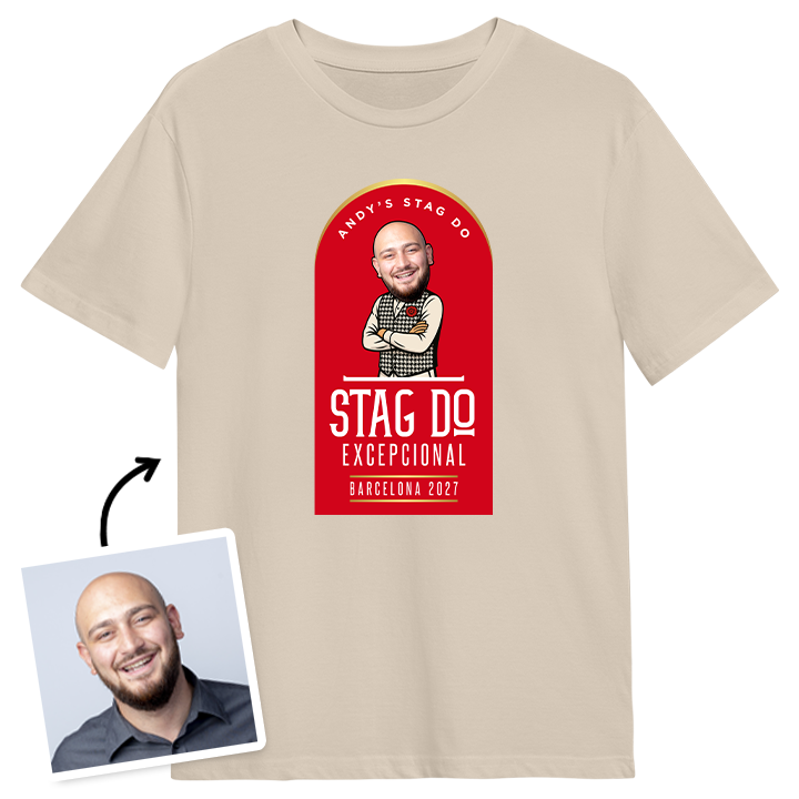 A natural coloured custom Madri beer themed t-shirt that has been customised with a picture of a man inserted into the Madrid Beer logo with custom text reading Andy's Stag do