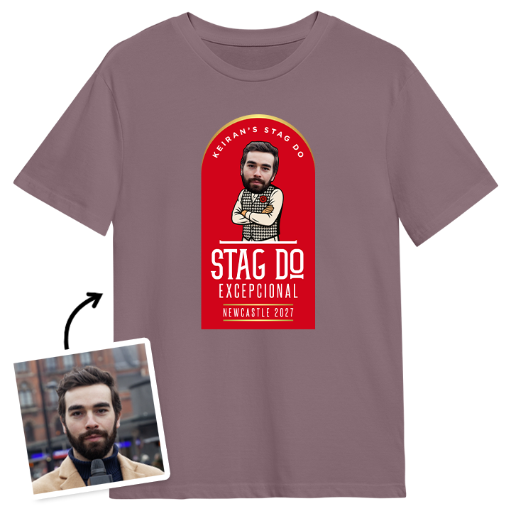 A paragon coloured custom Madri beer themed t-shirt that has been customised with a picture of a man inserted into the Madrid Beer logo with custom text reading Kieran's Stag do