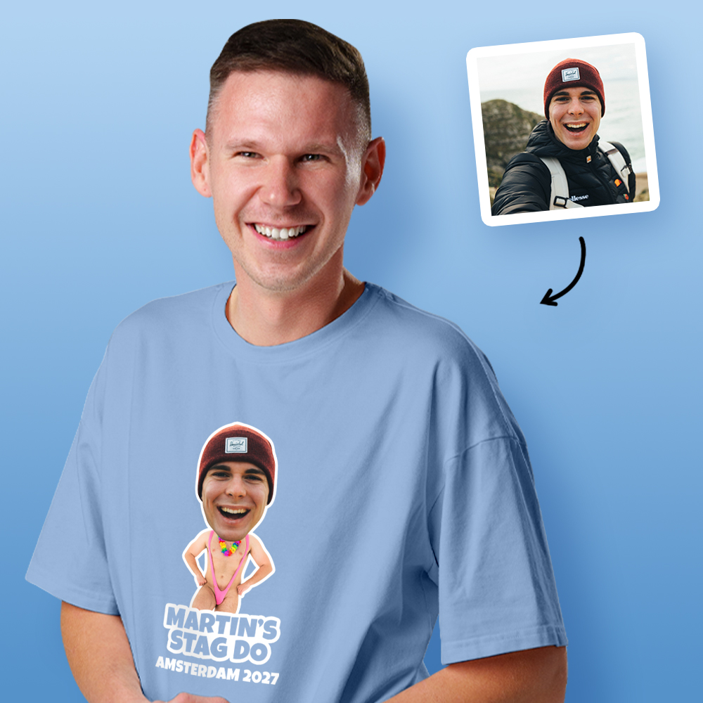 Mankini Stag Do Photo T-shirt – Photo, Text, Location on White T-shirt
