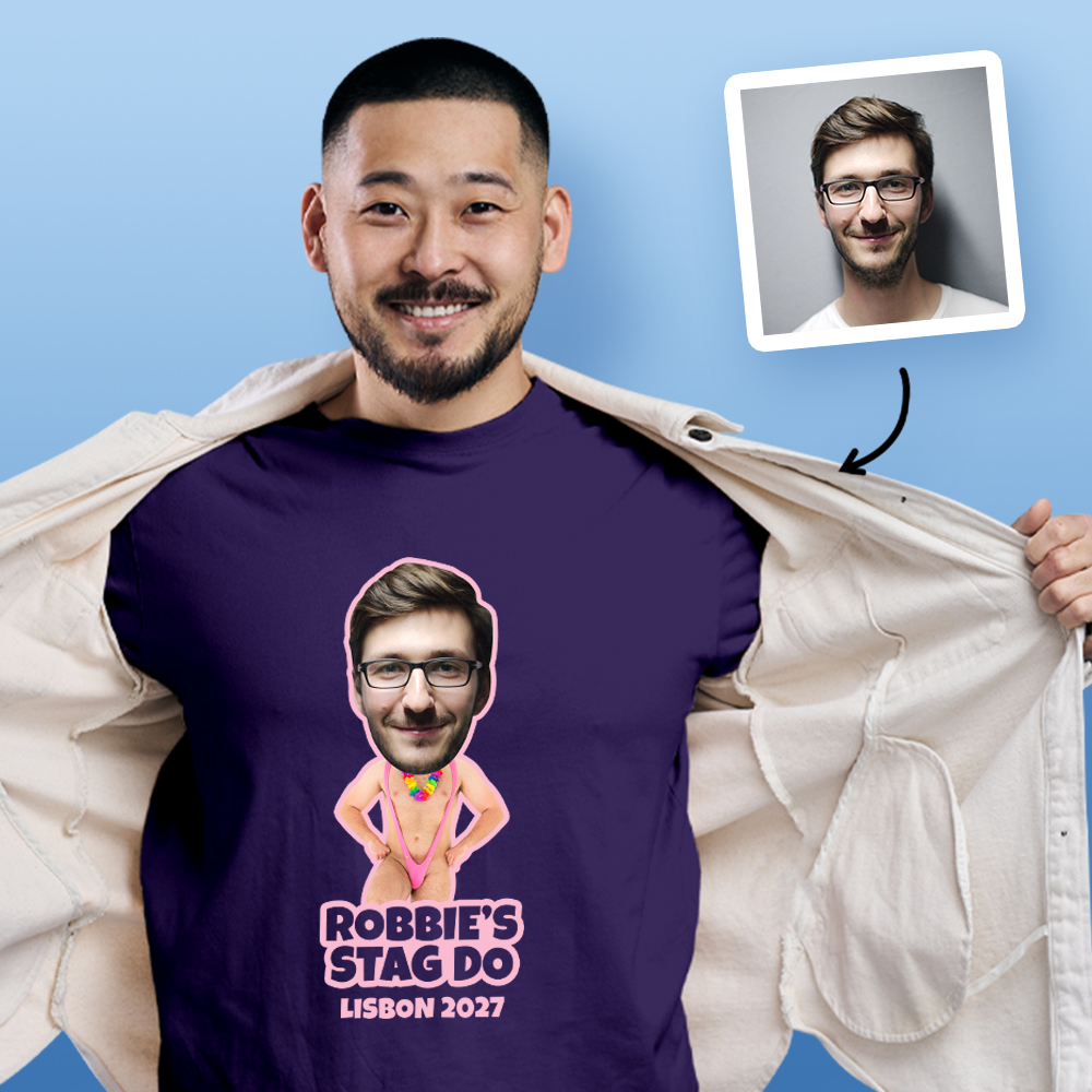 Mankini Stag Do Photo T-shirt – Photo, Text, Location on Black T-shirt