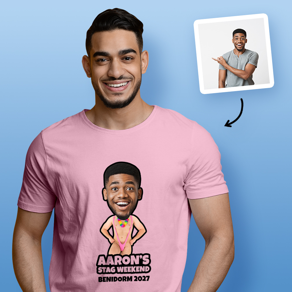 Mankini Stag Do Photo T-shirt – Photo, Text, Location on Yellow T-shirt