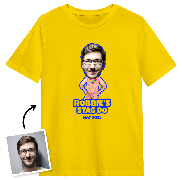 Mankini Stag Do Photo T-shirt – Photo, Text, Location on Yellow T-shirt
