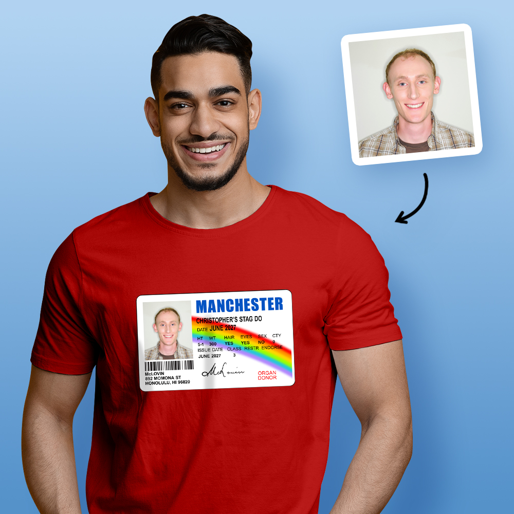 McLovin Superbad Photo T-shirt – Photo, Text, Location on Red T-shirt - shows photo being uploaded and printed t-shirt