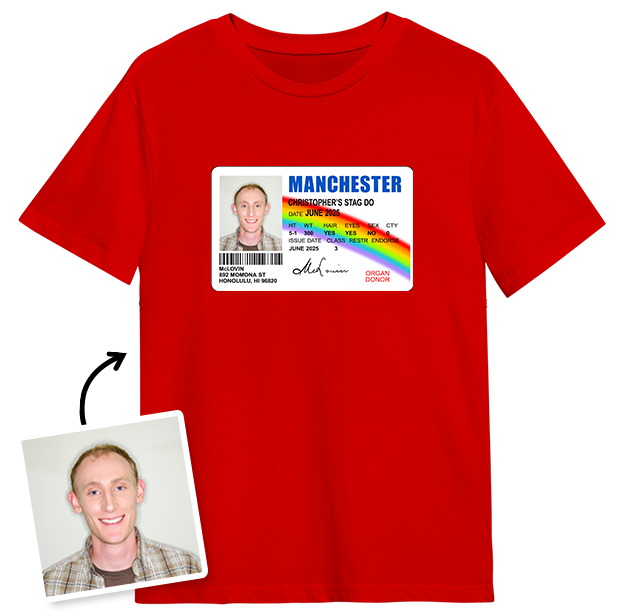 McLovin Superbad Photo T-shirt – Photo, Text, Location on Red T-shirt - shows photo being uploaded and printed t-shirt