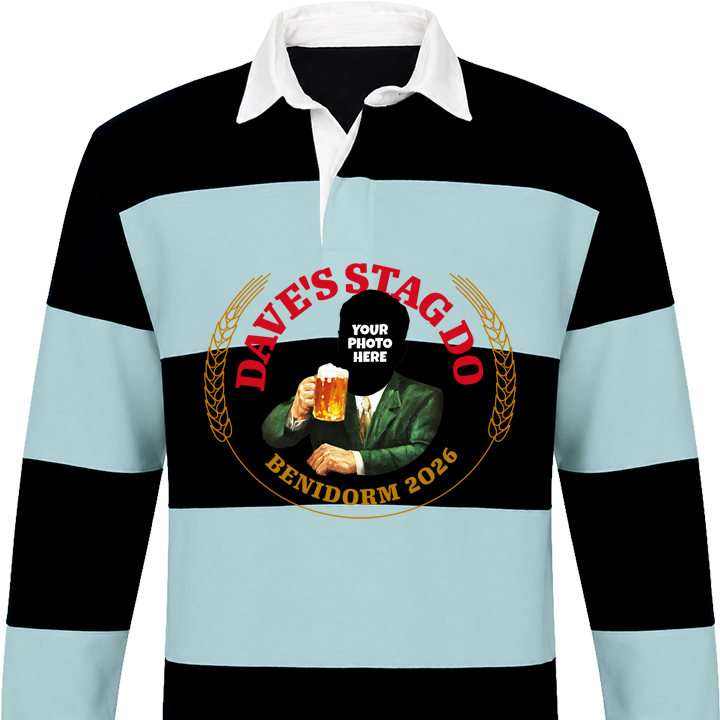 A blue and black panelled Moretti themed stag do rugby shirt where you can edit the stag's photo into the iconic Moretti design 