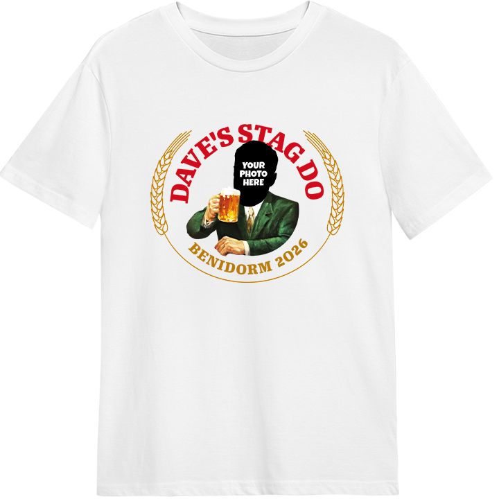 A Moretti themed stag do t-shirt where you can edit the stag's photo into the iconic Moretti design 