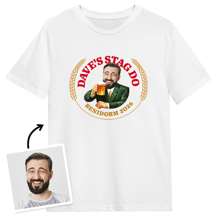 A Moretti themed stag do t-shirt with a stag's photo edited into the iconic Moretti design with text reading Dave's Stag Do, Benidorm 2026