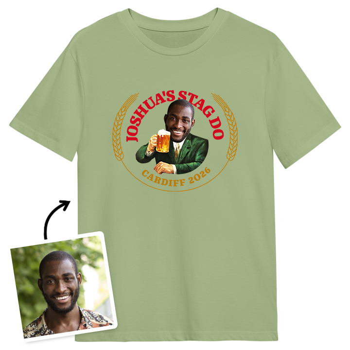 A green Moretti themed stag do t-shirt with a stag's photo edited into the iconic Moretti design with text reading Joshua's Stag Do, Cardiff 2026