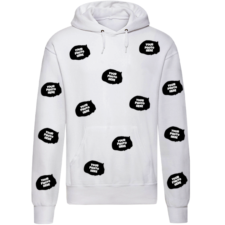 A custom pet t hoodie that has space for multiple faces of your pet all over the shirt 