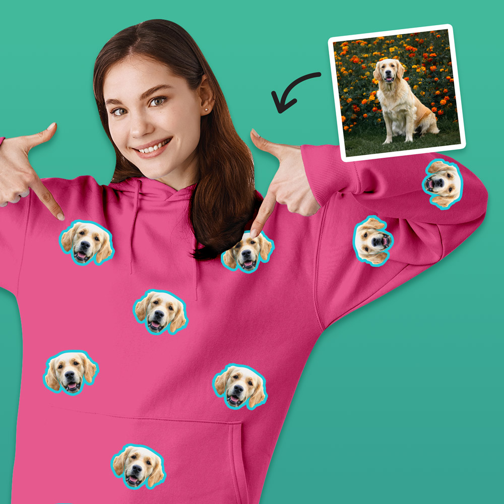 A custom pet hoodie that has space for multiple faces of your pet all over the shirt, this one has a Labrador all over the hoodie