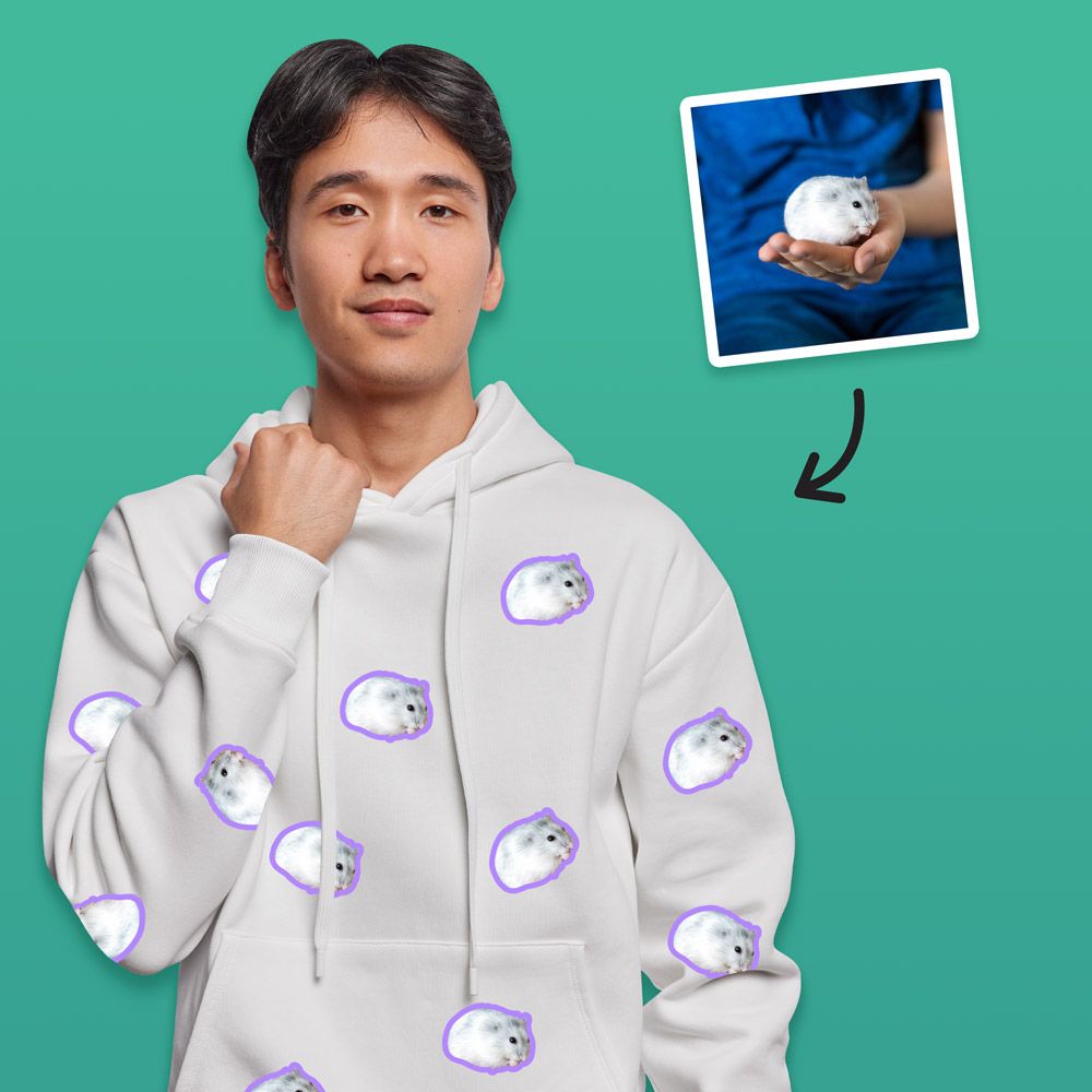 A custom pet hoodie that has space for multiple faces of your pet all over the shirt, this one has a hamster all over the hoodie