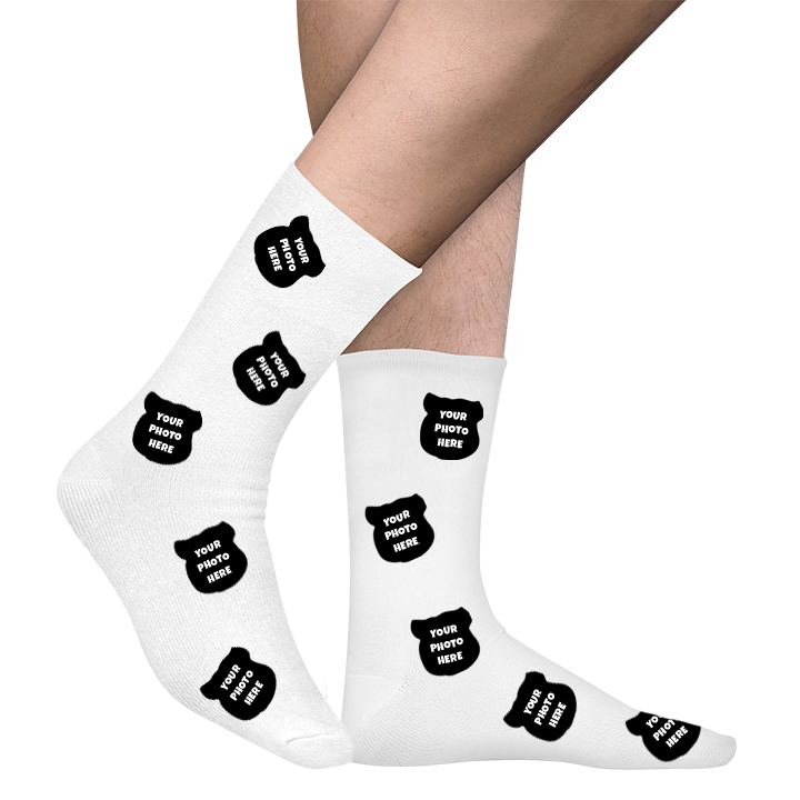 A custom pair of pet socks that has space for multiple faces of your pet all over the socks 