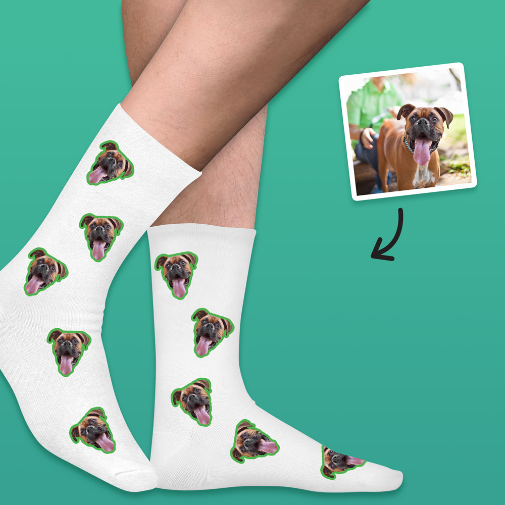 A custom pair of pet socks that has space for multiple faces of your pet all over the socks, this pair of socks has dogs on them