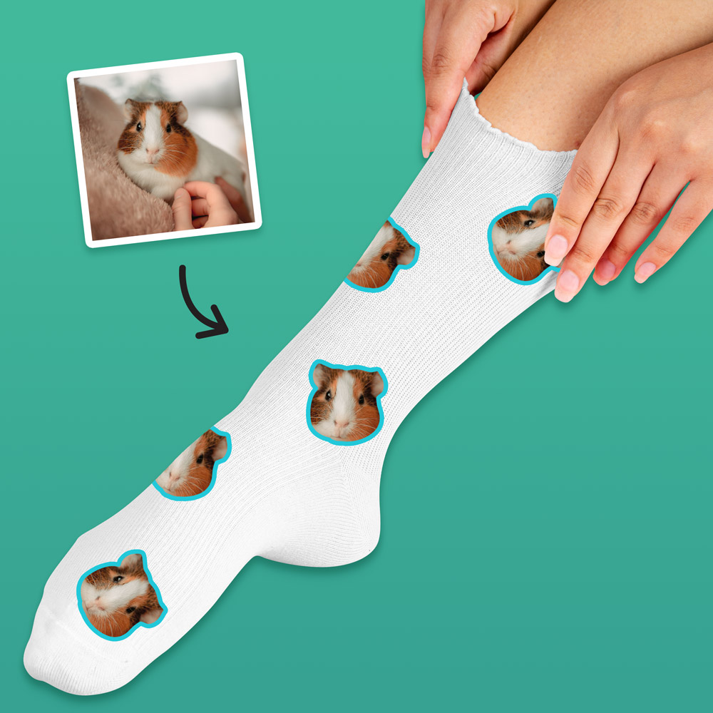 A custom pair of pet socks that has space for multiple faces of your pet all over the socks, this pair of socks has guinea pigs on them