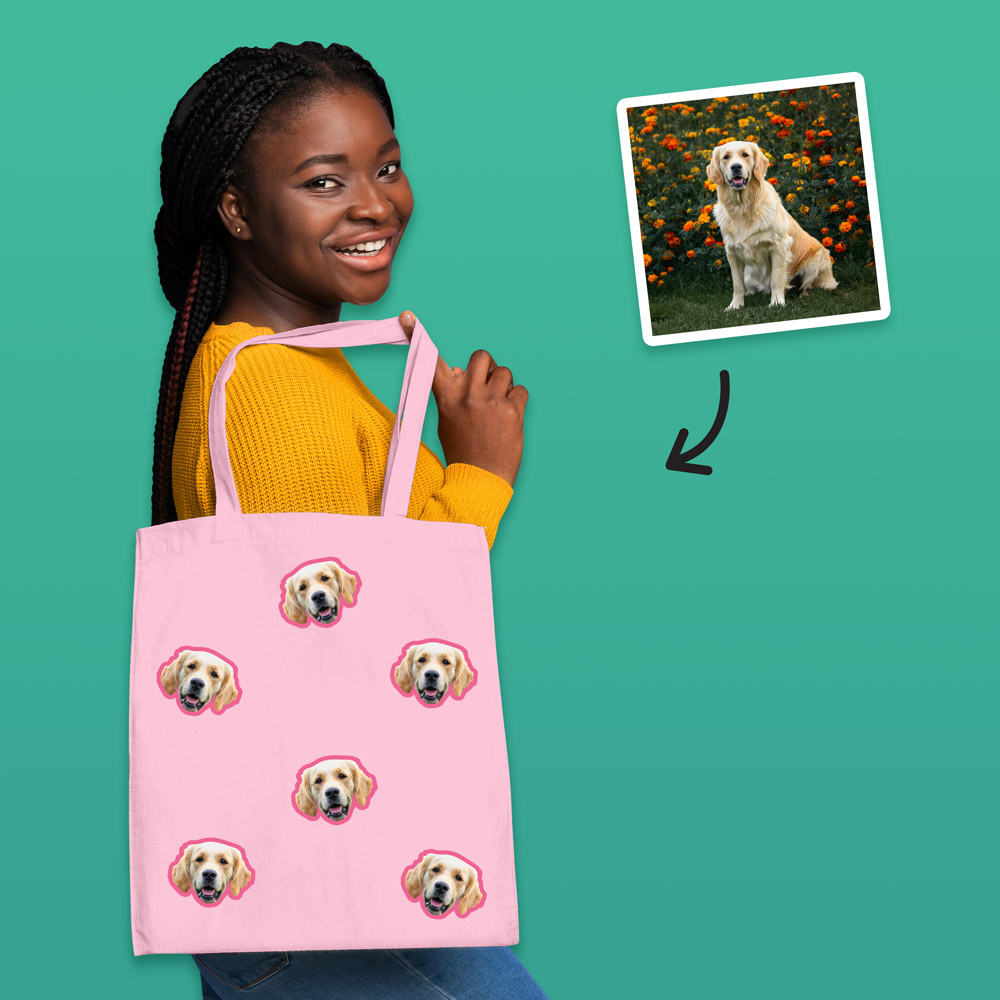 A custom pet tote bag that has space for multiple faces of your pet all over the bag, this one has Labradors on it