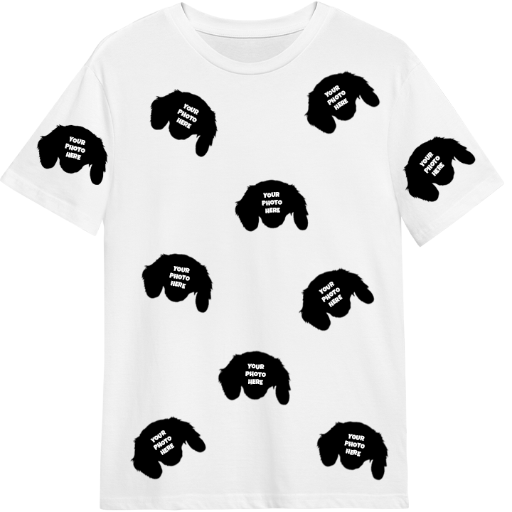 A custom pet t shirt that has space for multiple faces of your pet all over the shirt 