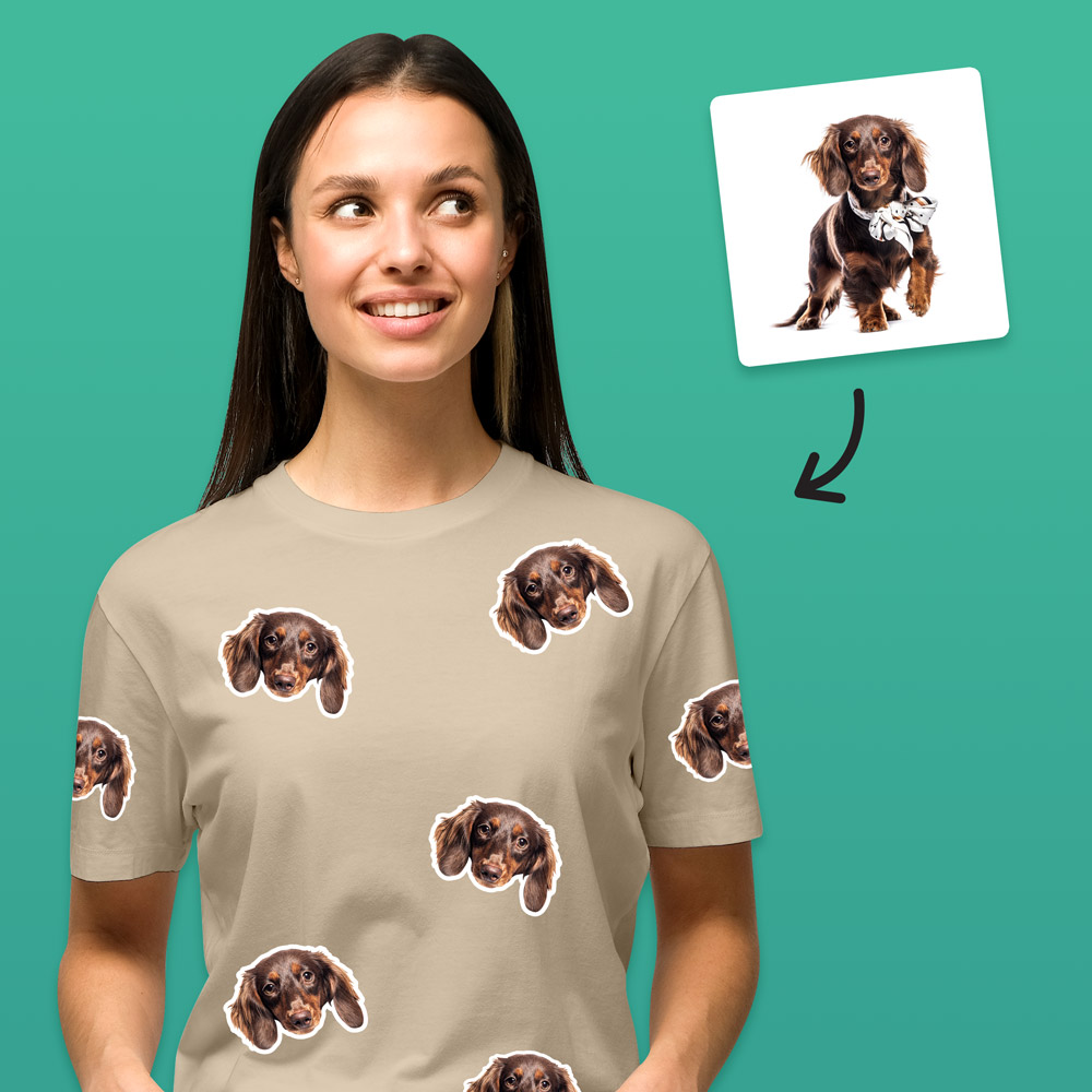 A custom pet t shirt that has space for multiple faces of your pet all over the shirt, this one has a brown dog all over the shirt