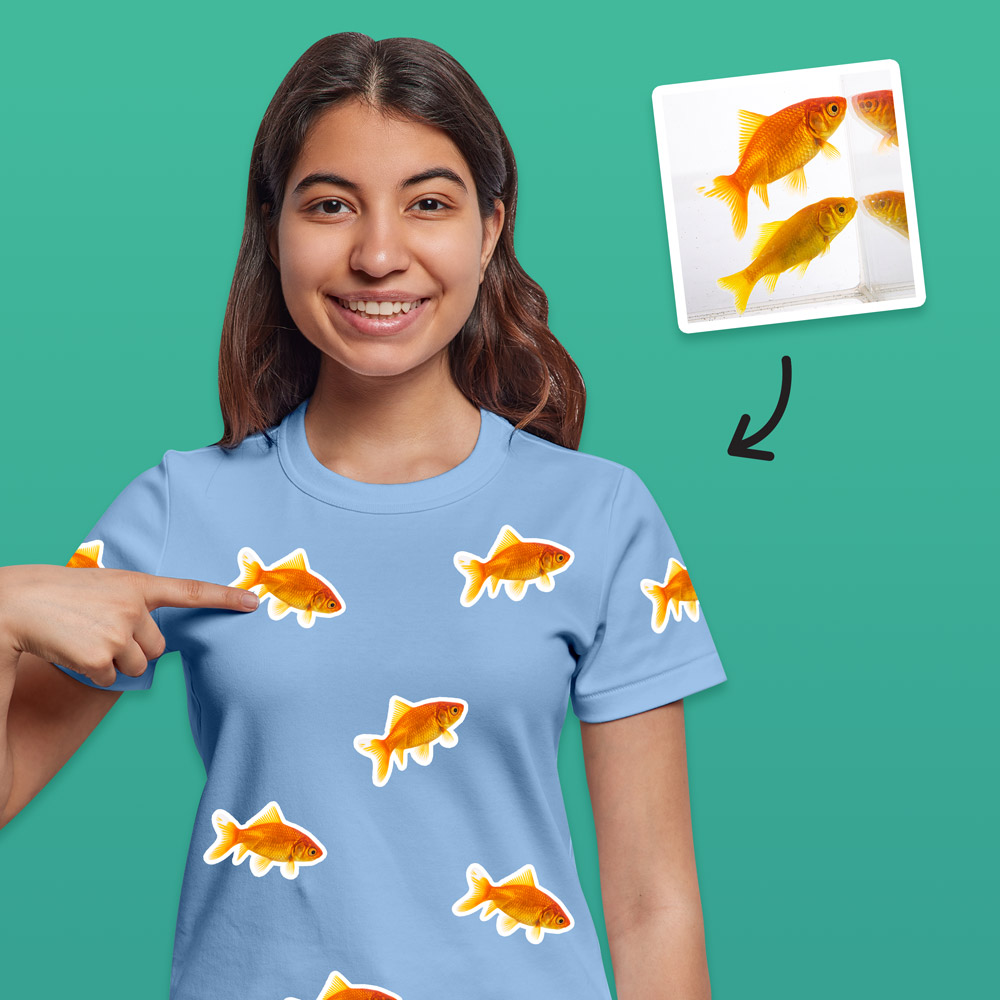 A custom pet t shirt that has space for multiple faces of your pet all over the shirt, this one has a goldfish all over the shirt