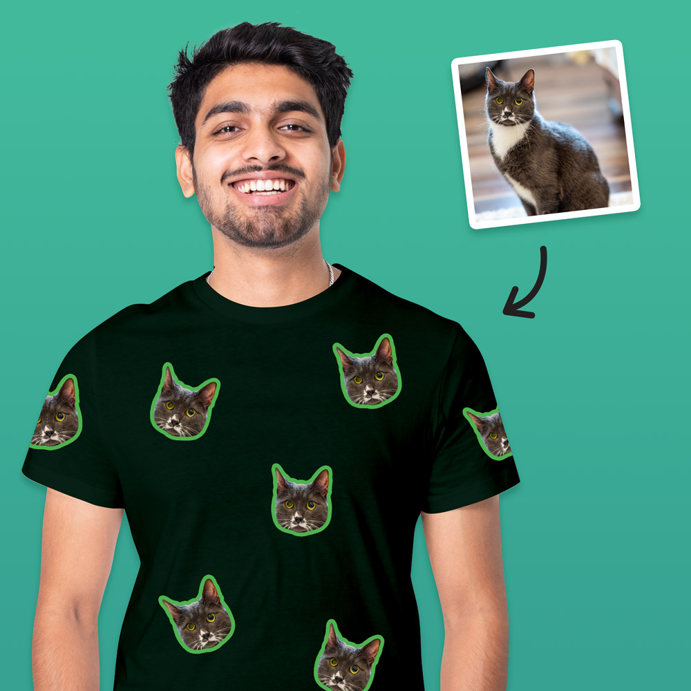 A custom pet t shirt that has space for multiple faces of your pet all over the shirt, this one has a black and white cat all over the shirt