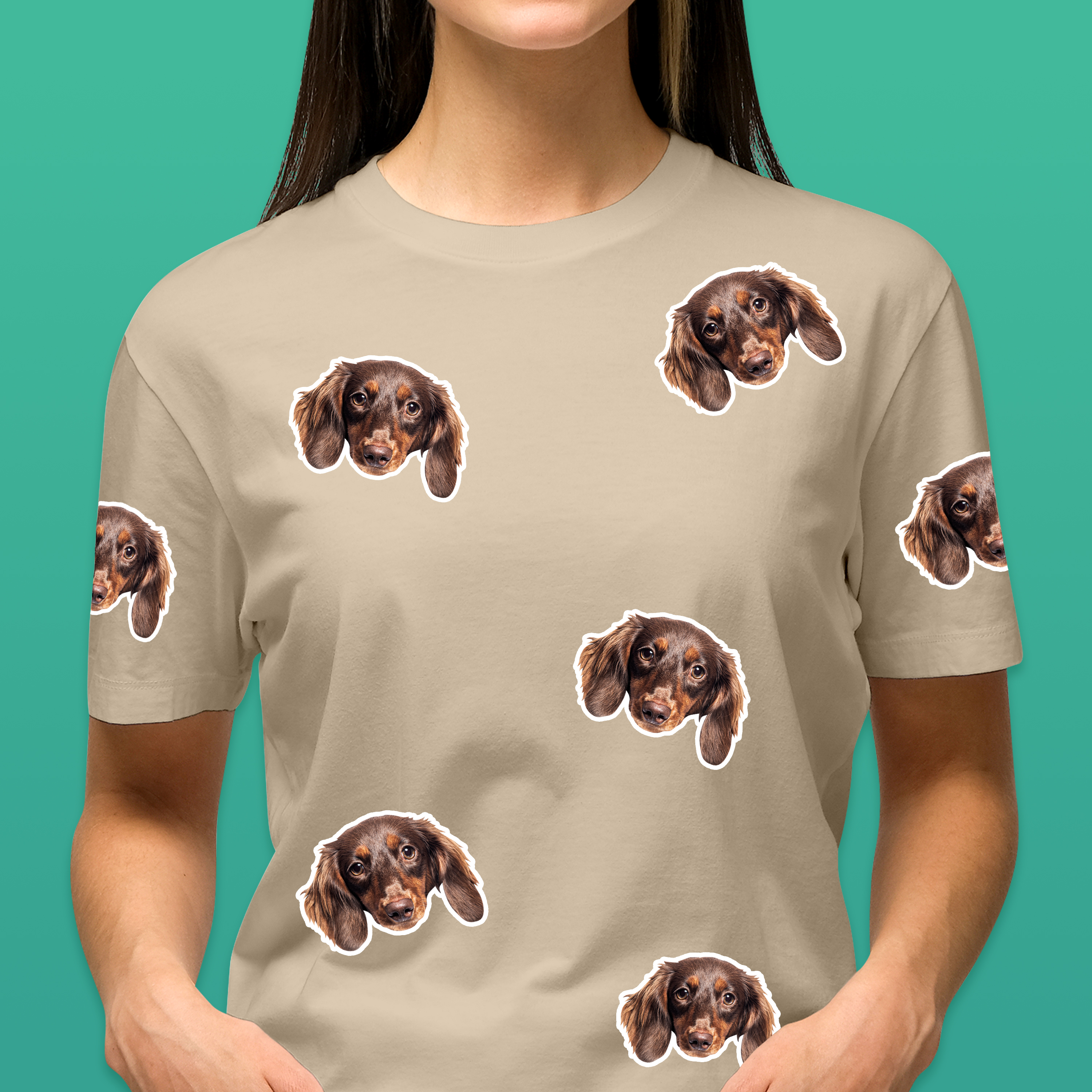 A custom pet t shirt that has space for multiple faces of your pet all over the shirt, this one has a brown dog all over the shirt 
