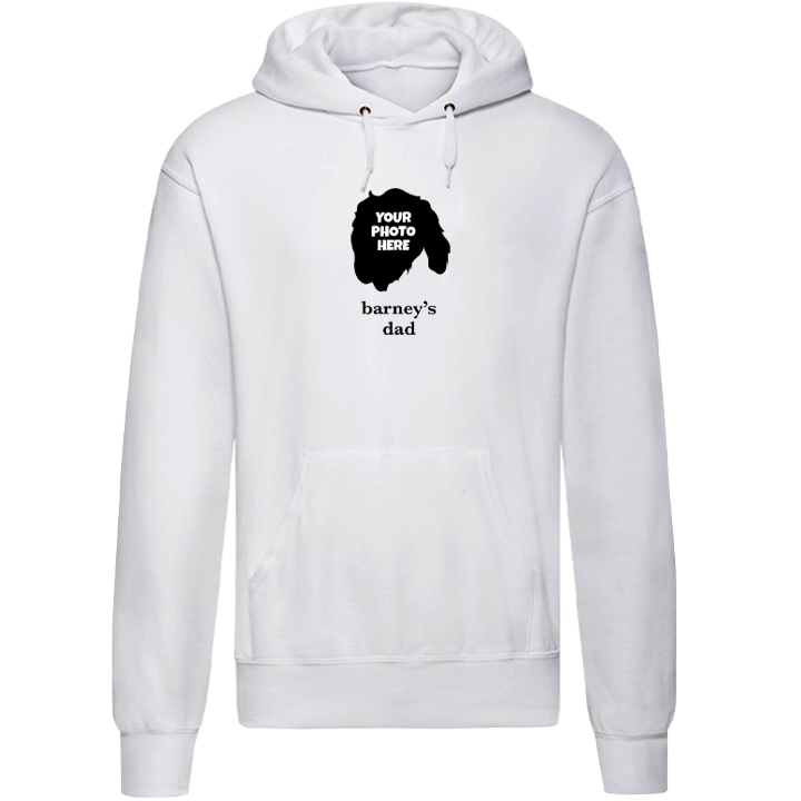 A white hoodie that can be customised with the face of a pet and up to two lines of custom text 