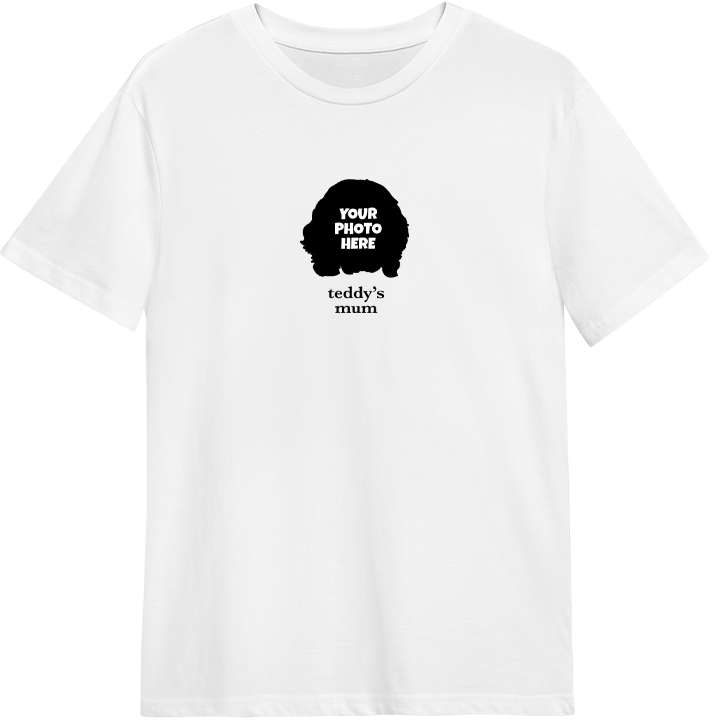 A white t shirt that can be customised with the face of a pet and up to two lines of custom text 