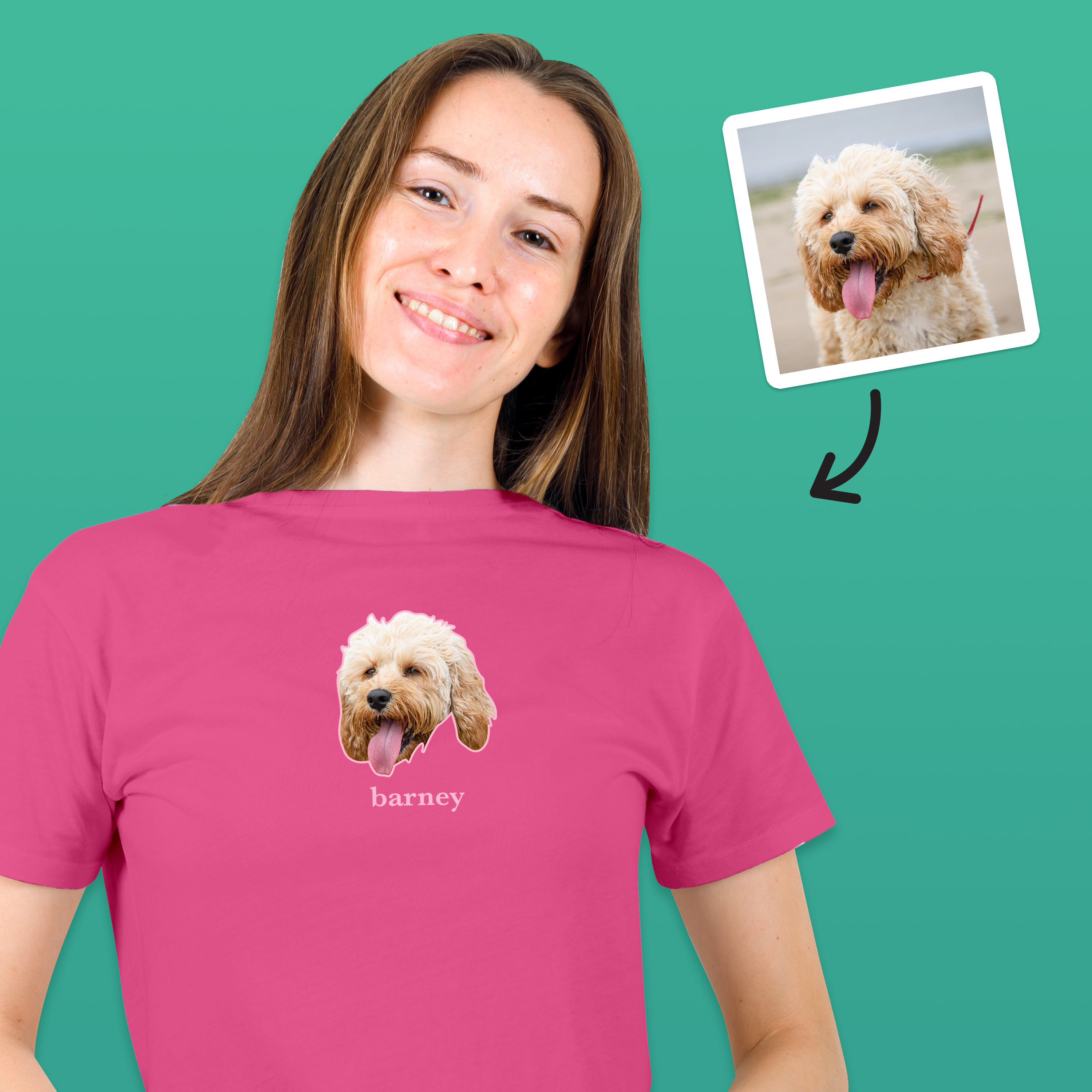 A pink t shirt that can be customised with the face of a pet and up to two lines of custom text which has a dogs face on it with the word Barney under it