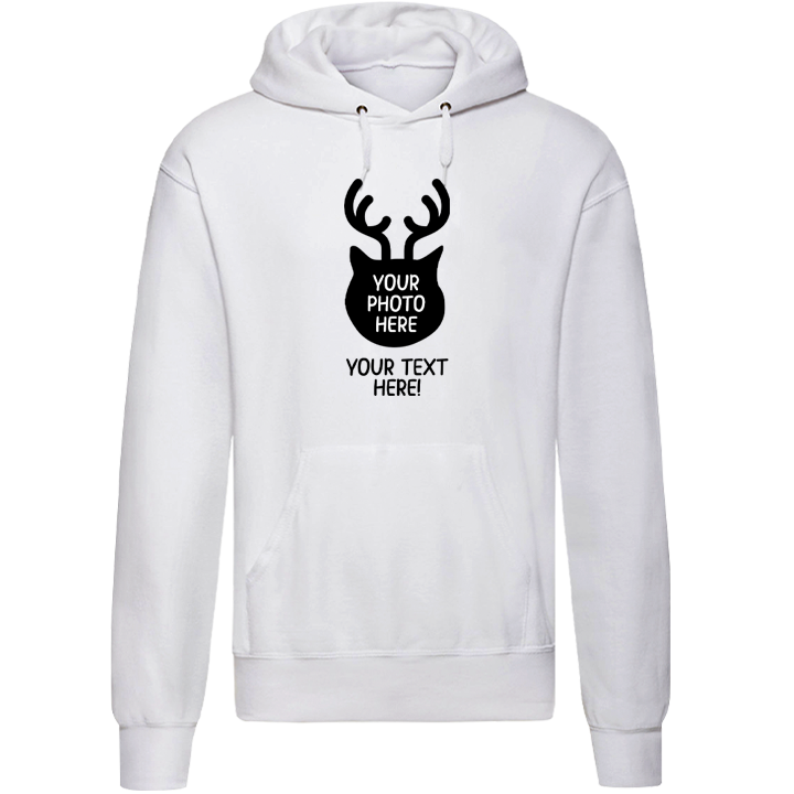 A custom pet hoodie that can be personalised with your pet wearing reindeer ears and a red nose, accompanied by custom text 