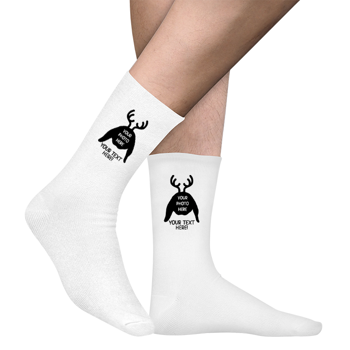 A pair of custom pet socks that can be personalised with your pet wearing reindeer ears and a red nose, accompanied by custom text 