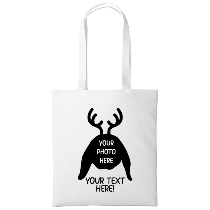 A custom pet tote bag that can be personalised with your pet wearing reindeer ears and a red nose, accompanied by custom text 