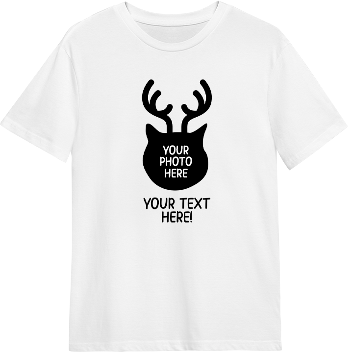 A custom pet t-shirt that can be personalised with your pet wearing reindeer ears and a red nose, accompanied by custom text 