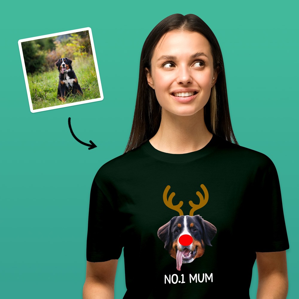 A custom pet t-shirt that has been personalised with a dog's face wearing antlers and a red nose like Rudolph alongside custom text reading No.1 Mum