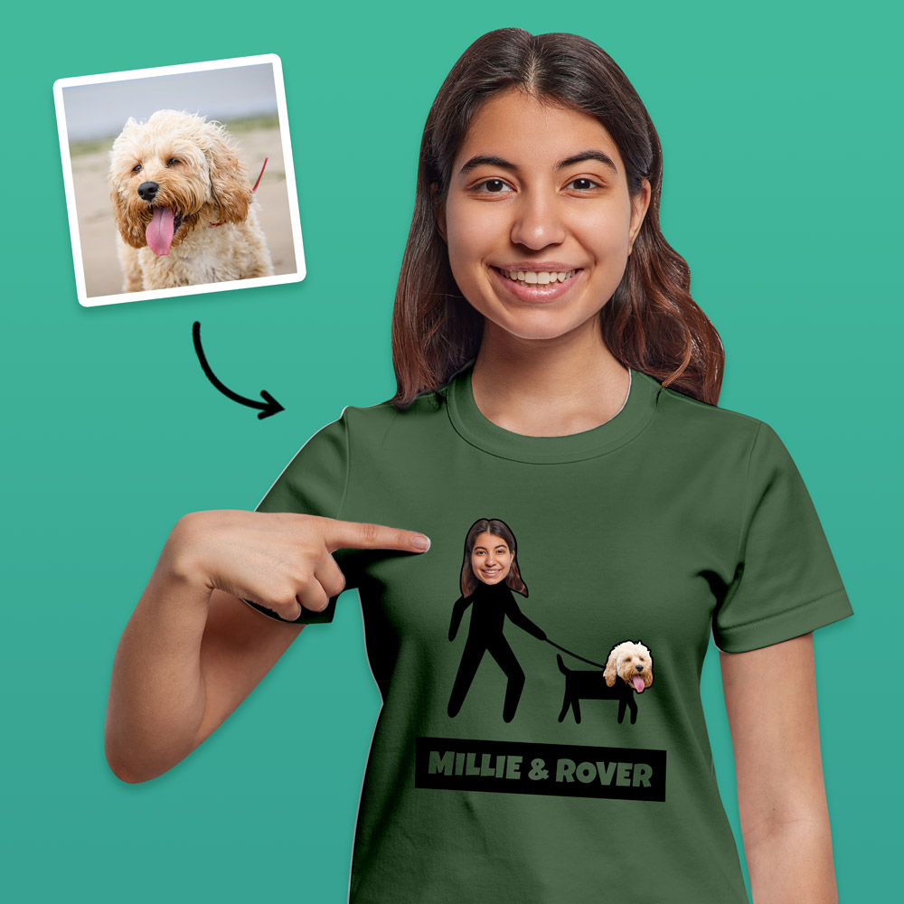 A pink t shirt that can be customised with the face of a pet and up to two lines of custom text which has a dogs face on it with the word Barney under it