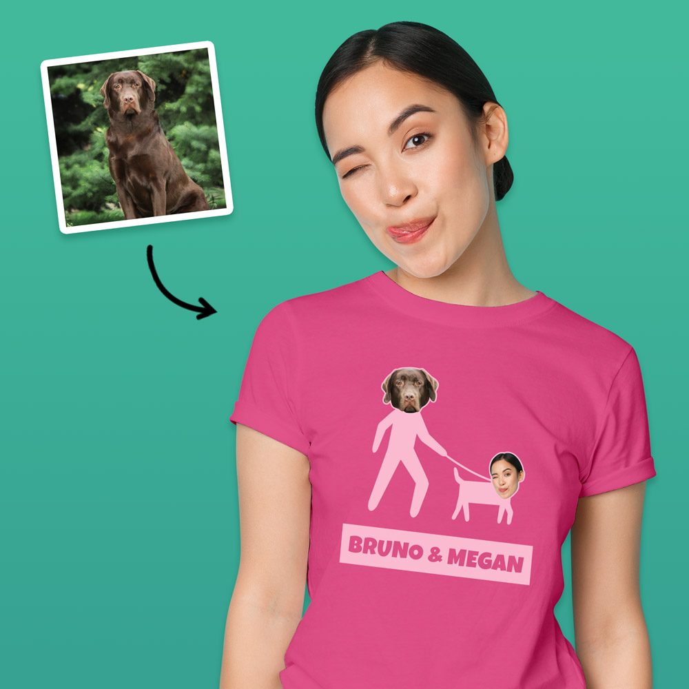 A custom pet t shirt with editable custom text reading Millie & Rover with a woman walking a dog which can be changed to add a photo of a pet owners face and a photo of a pet