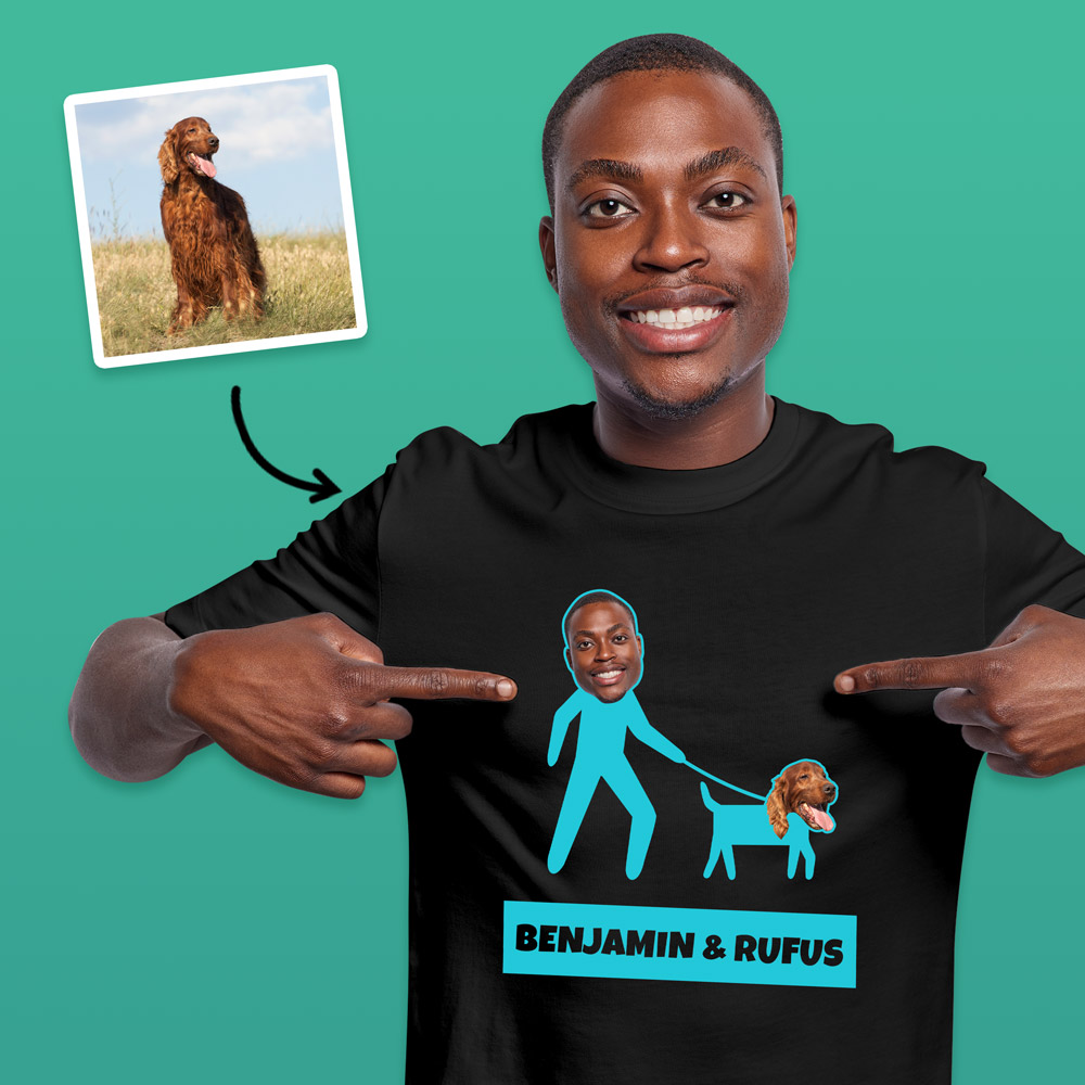 A custom pet t shirt with editable custom text reading Benjamin & Rufus with a man walking a dog which can be changed to add a photo of a pet owners face and a photo of a pet