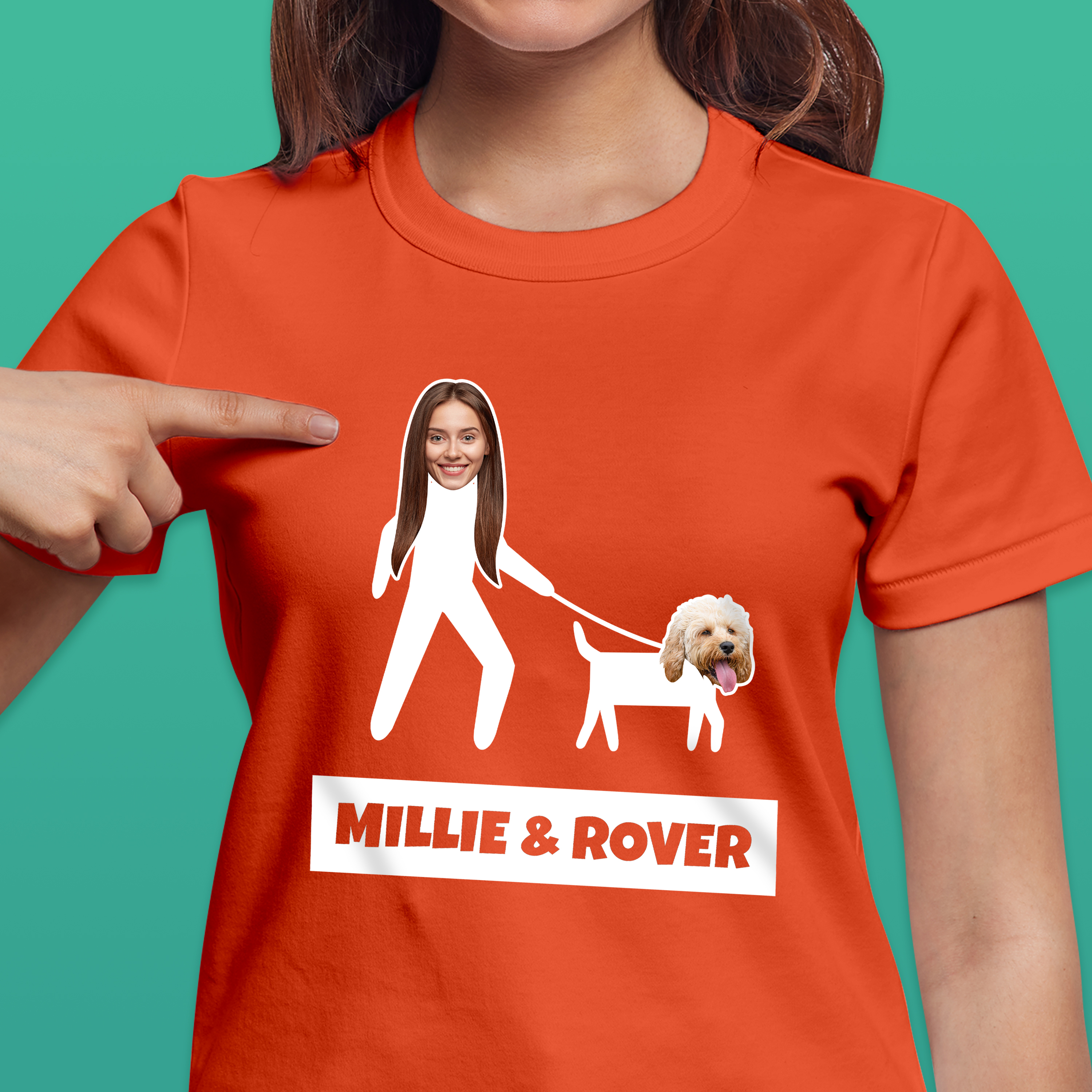 A custom pet t shirt with editable custom text reading Millie & Rover with a woman walking a dog which can be changed to add a photo of a pet owners face and a photo of a pet 