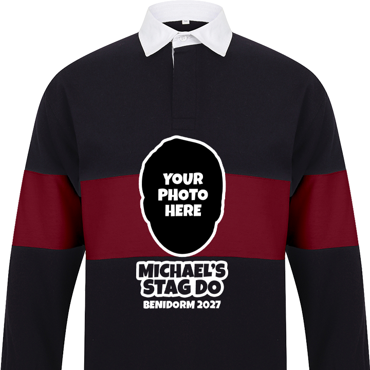 A black and red striped rugby shirt with silhouette of a face with the text 'Your photo here' indicating the ability to upload a face photo to be printed on it. Shows editable text underneath.