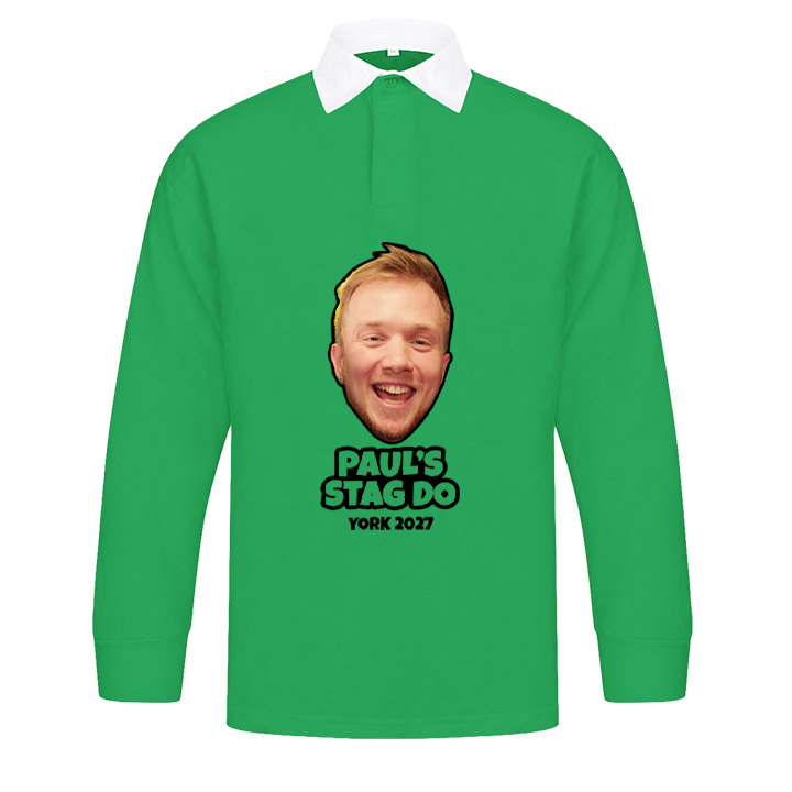 ’A green rugby shirt with a picture of a man’s face on it that reads ‘Paul's Stag do York 2027