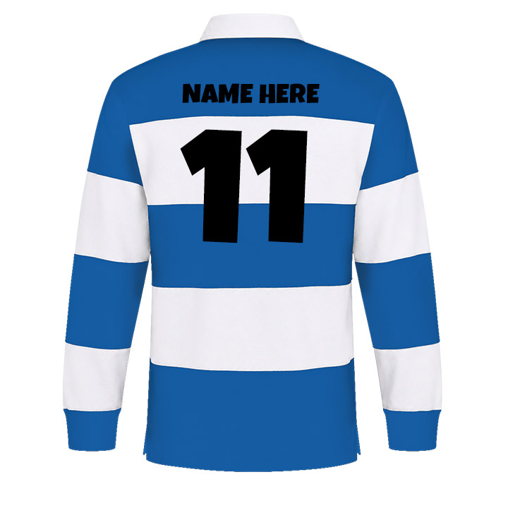 The back of a blue and white rugby shirt that shows you can add a name and number to the back’