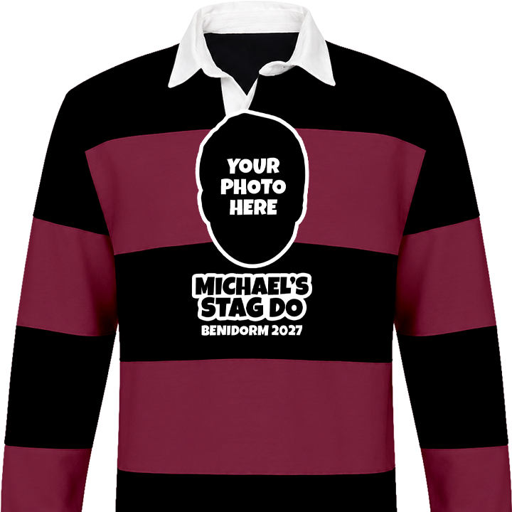 A White t-shirt with silhouette of a face with the text 'Your photo here' indicating the ability to upload a face photo to be printed on it. Shows editable text underneath.